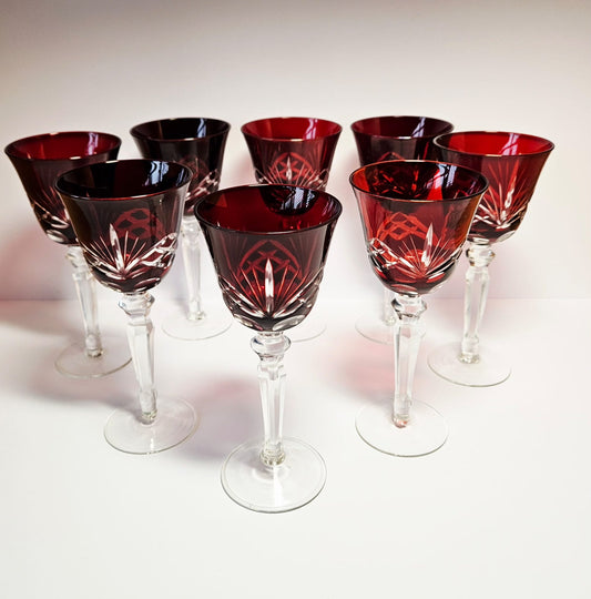 Set of 8 x Vintage Crystal 8.5” Ruby Red Cut to Clear Hock Wine Glasses