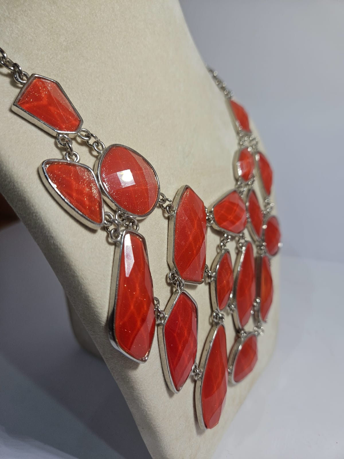 Bib Statement Silver Tone Red Faux Stones Costume Jewelry Necklace 50cm