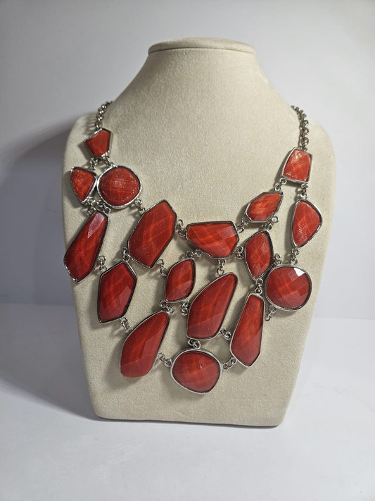 Bib Statement Silver Tone Red Faux Stones Costume Jewelry Necklace 50cm