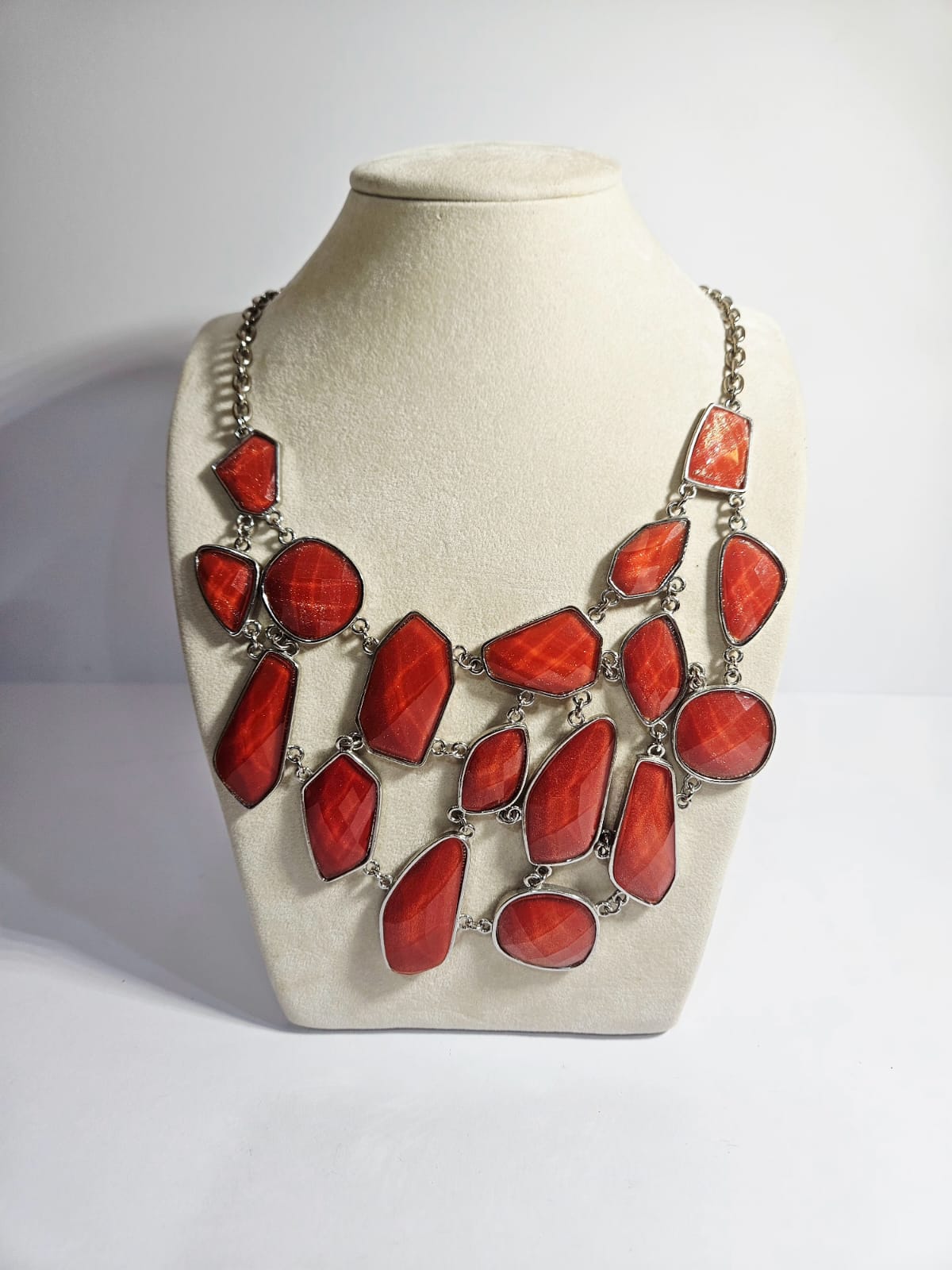 Bib Statement Silver Tone Red Faux Stones Costume Jewelry Necklace 50cm
