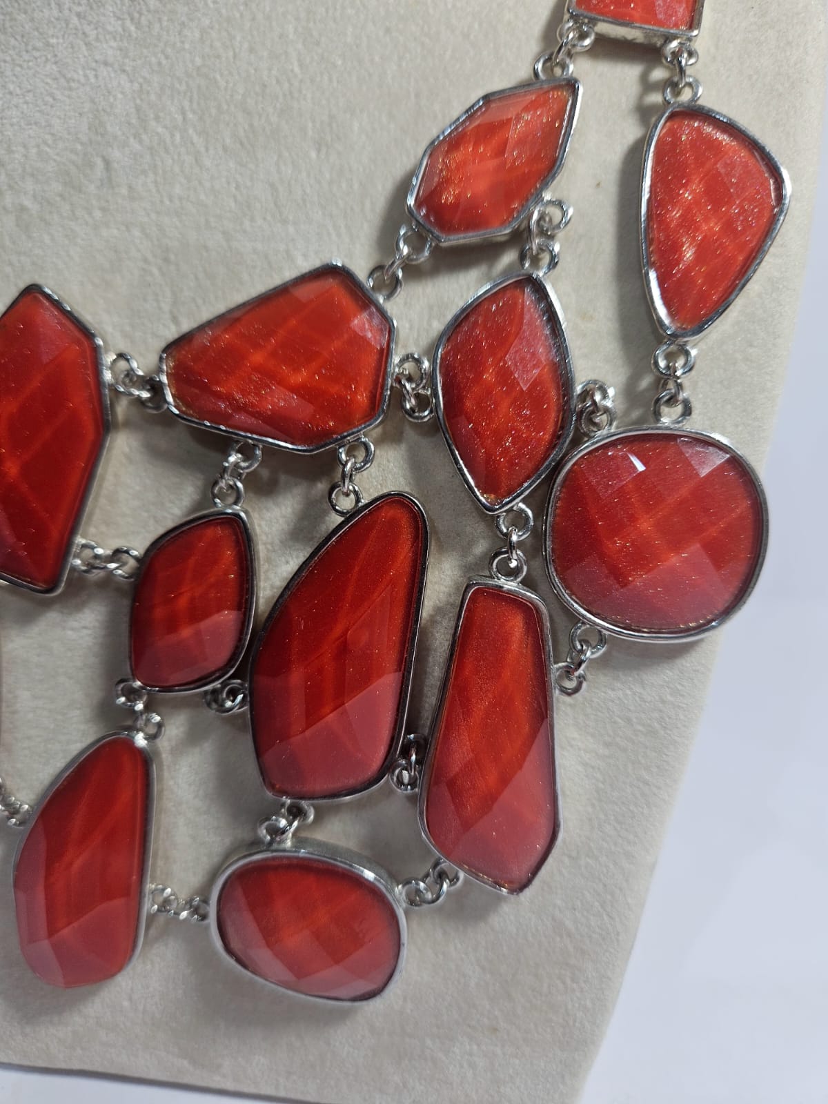Bib Statement Silver Tone Red Faux Stones Costume Jewelry Necklace 50cm