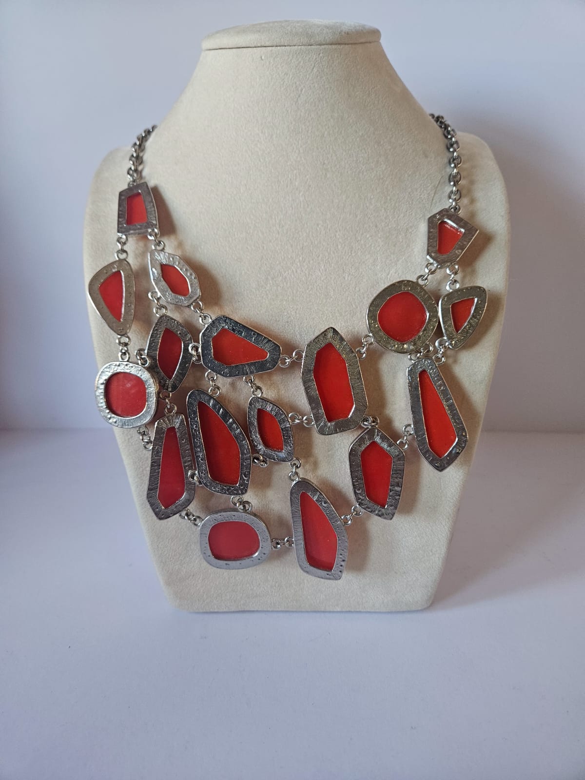Bib Statement Silver Tone Red Faux Stones Costume Jewelry Necklace 50cm