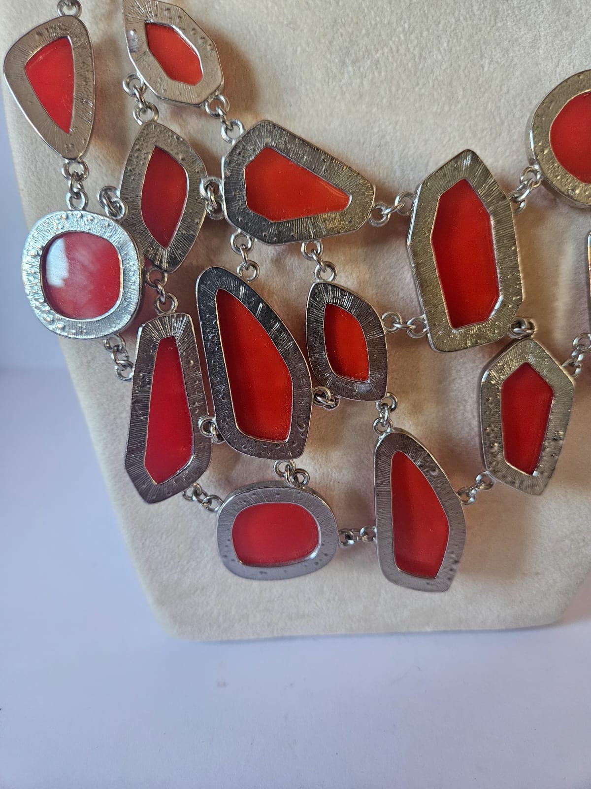 Bib Statement Silver Tone Red Faux Stones Costume Jewelry Necklace 50cm