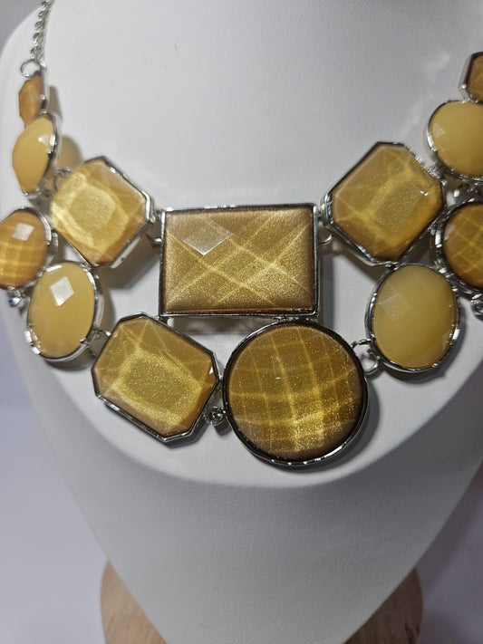 New York &Company Bib breastplate Necklace Silver Metal Facet Yellow faux stones