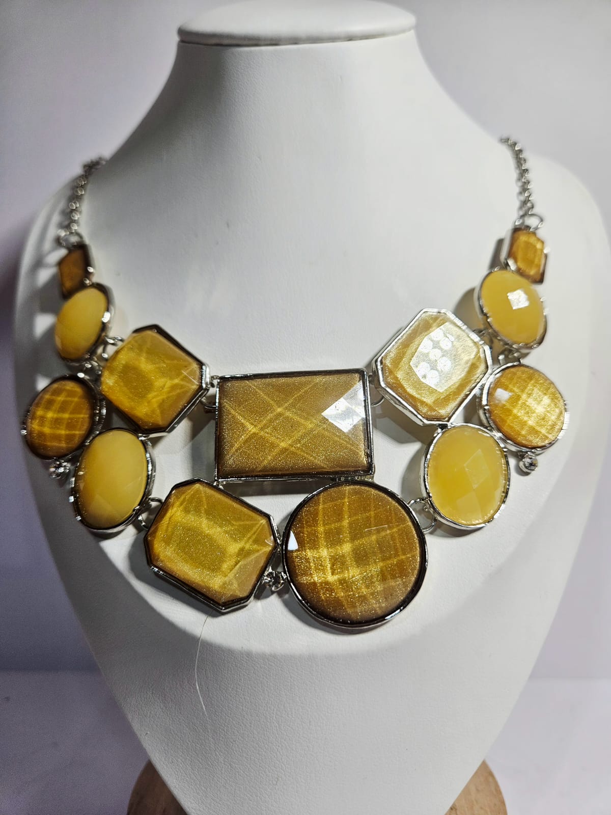 New York &Company Bib breastplate Necklace Silver Metal Facet Yellow faux stones
