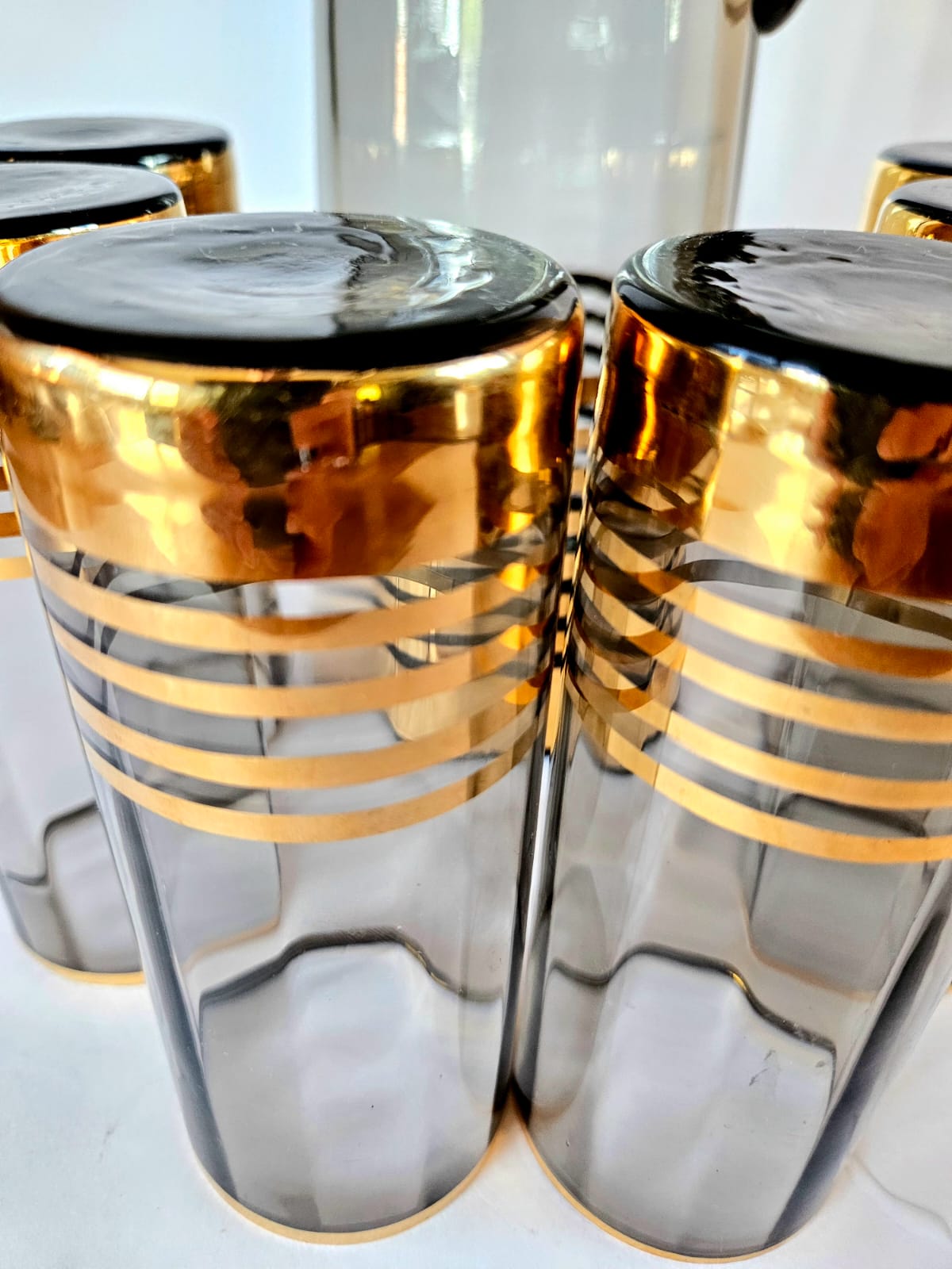 MCM Limonade Set - Tall Smoke & Gold Stripes jug with 6 highball tumblers