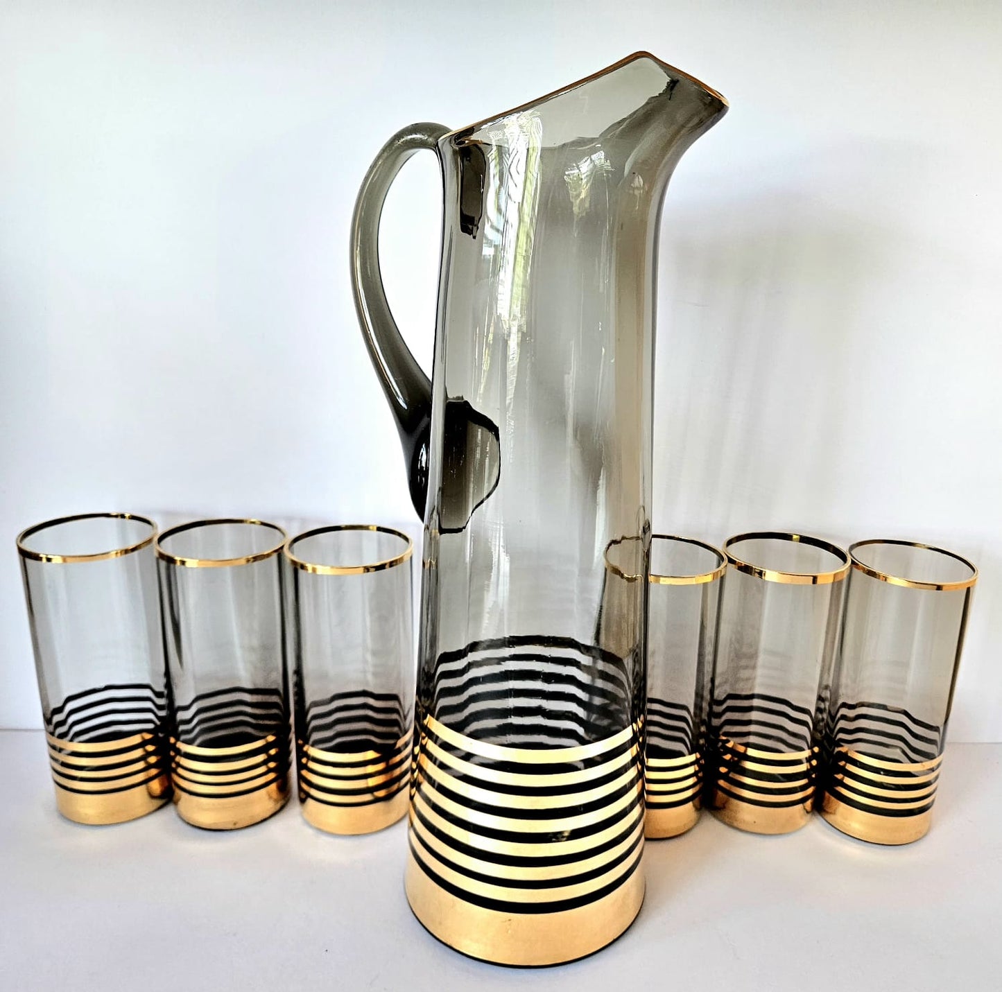 MCM Limonade Set - Tall Smoke & Gold Stripes jug with 6 highball tumblers