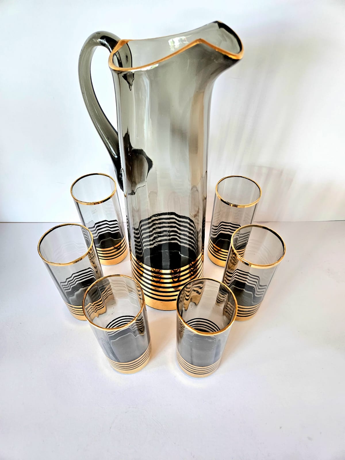 MCM Limonade Set - Tall Smoke & Gold Stripes jug with 6 highball tumblers