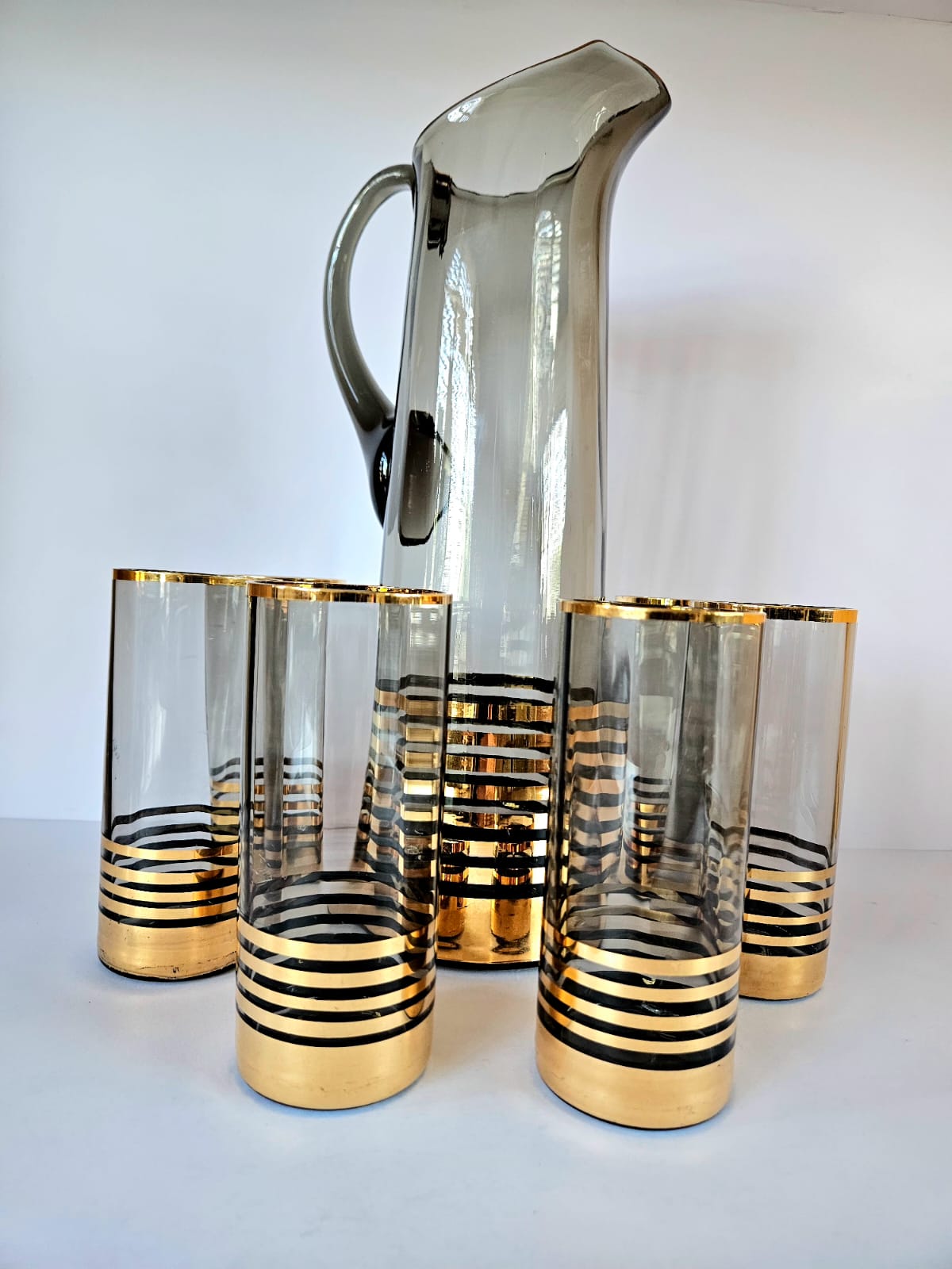MCM Limonade Set - Tall Smoke & Gold Stripes jug with 6 highball tumblers