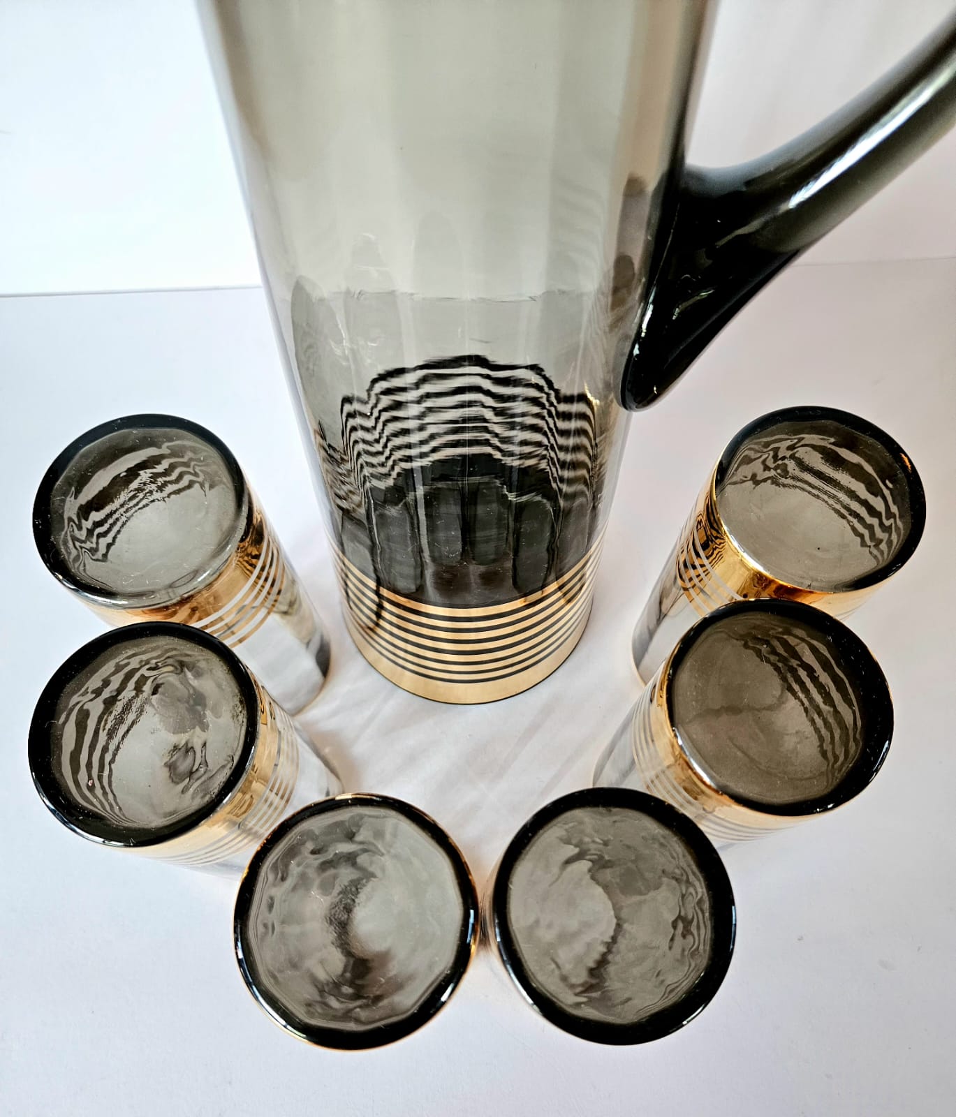 MCM Limonade Set - Tall Smoke & Gold Stripes jug with 6 highball tumblers