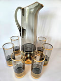 MCM Limonade Set - Tall Smoke & Gold Stripes jug with 6 highball tumblers