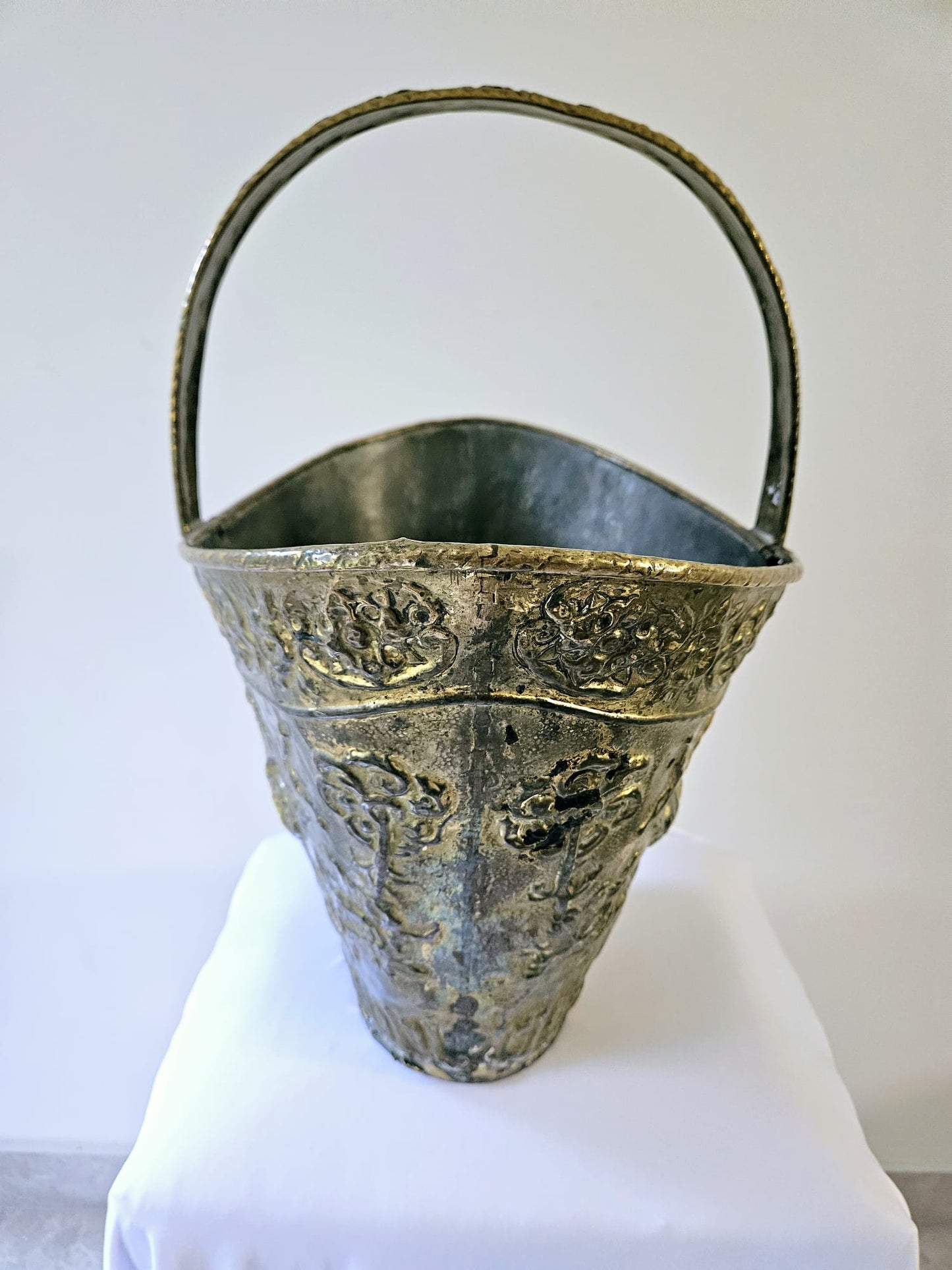 Embossed Antique French Brass Coal Bucket 19th Century