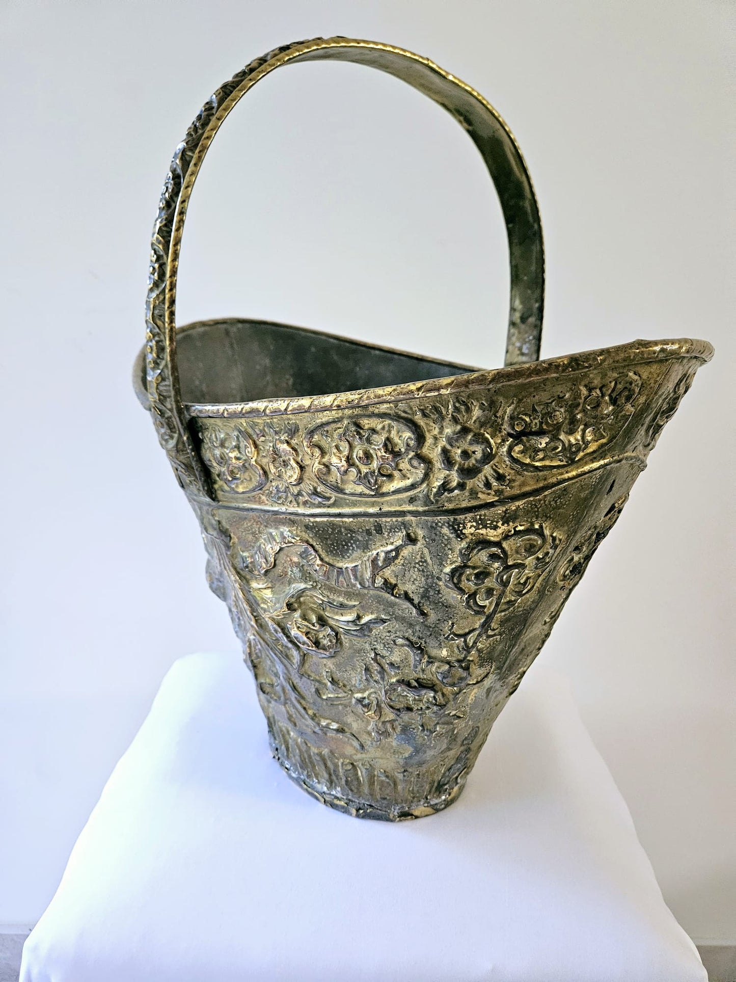 Embossed Antique French Brass Coal Bucket 19th Century