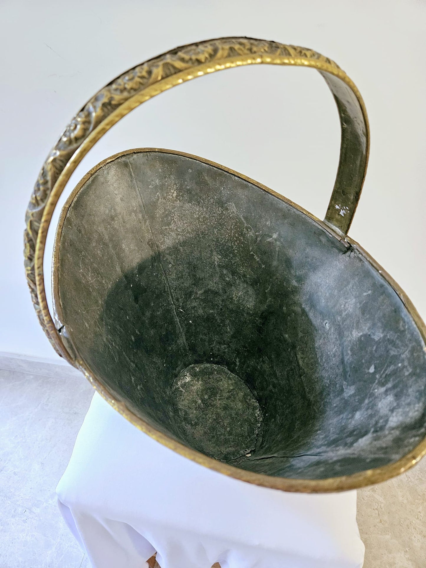 Embossed Antique French Brass Coal Bucket 19th Century