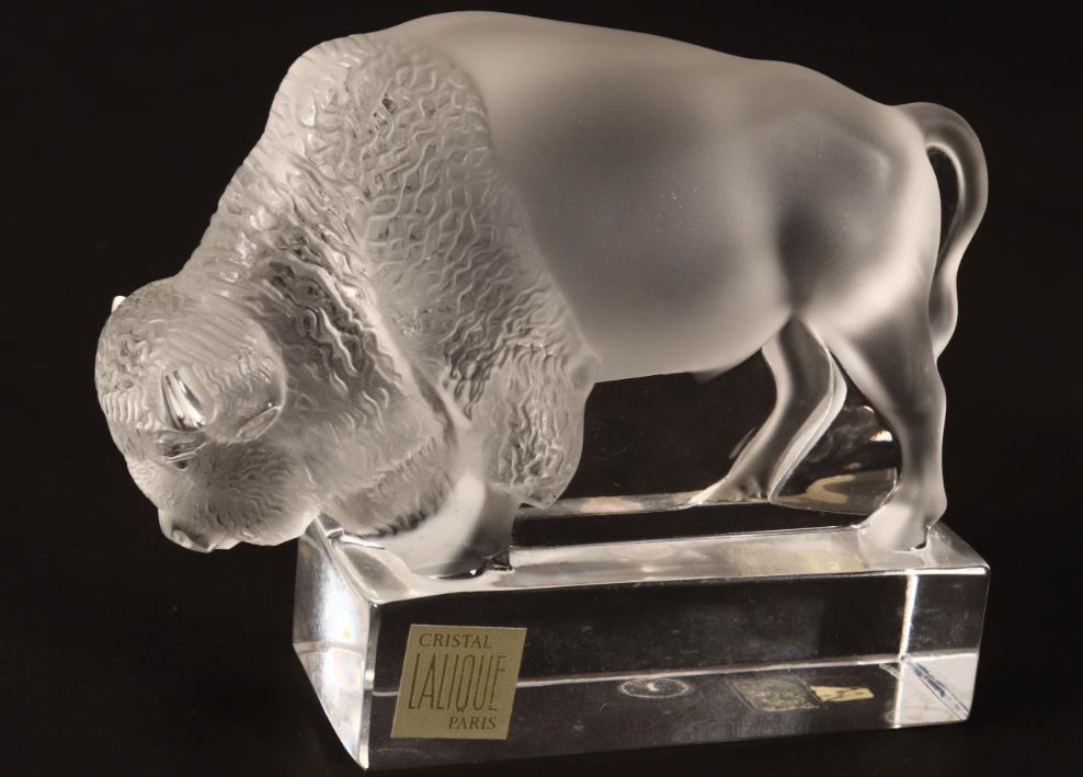 Lalique France Frosted Crystal Bison, paperweight figure #1196