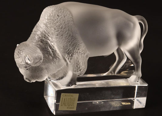 Lalique France Frosted Crystal Bison, paperweight figure #1196