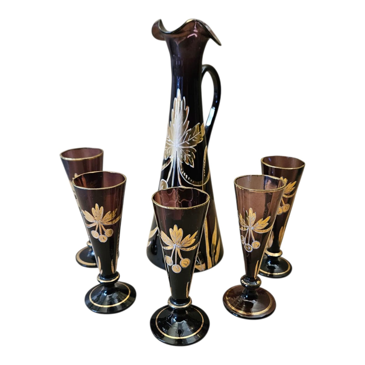 Burgundy hand painted glass liqueur set circa 1920