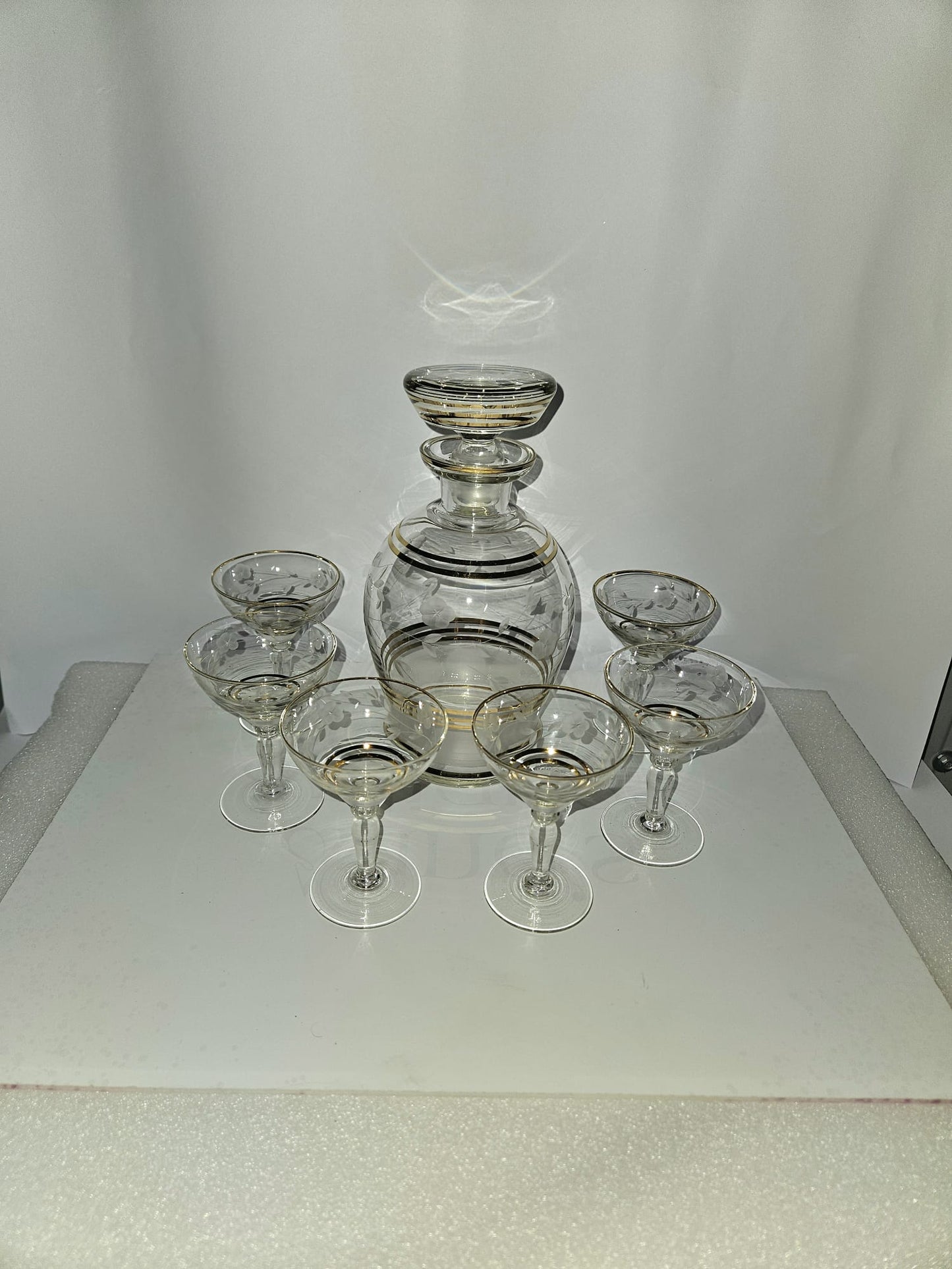 Elegant Carafe Liquor set etched with gold rims 7pc