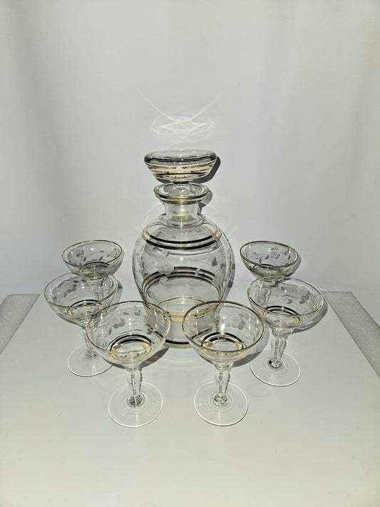 Elegant Carafe Liquor set etched with gold rims 7pc