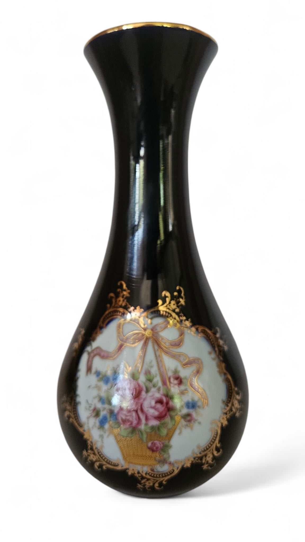 Limoges Castel Cobalt Blue Vase-22k Gold Trim - Bows and Roses