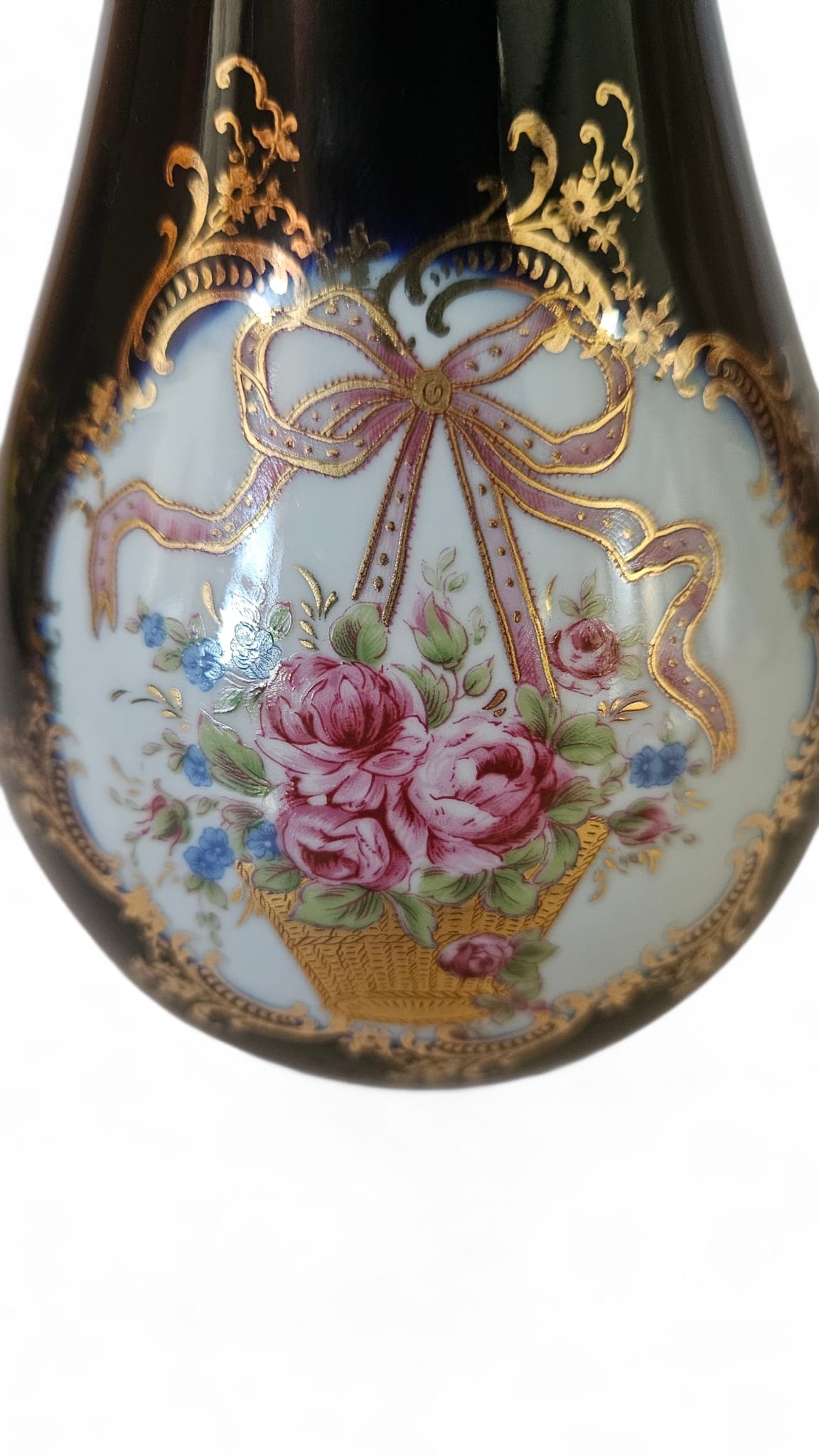 Limoges Castel Cobalt Blue Vase-22k Gold Trim - Bows and Roses