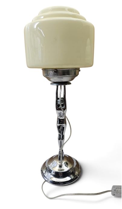 Art Deco "DIANE" Lamp, Chrome base w/ large cream stepped glass shade c1930s