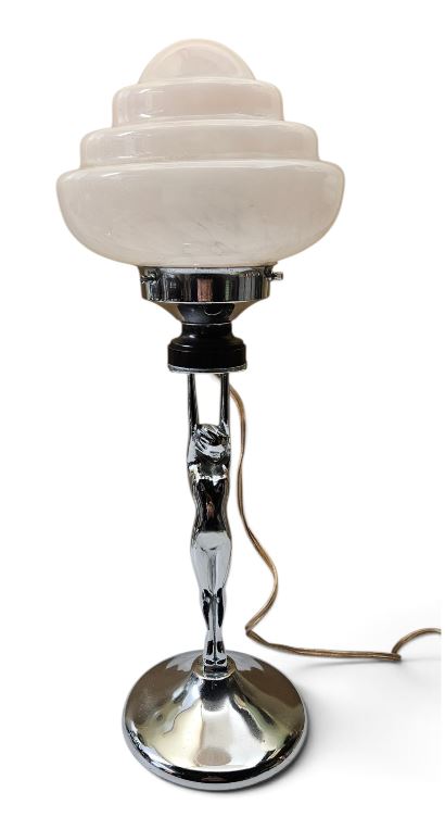 Art Deco "DIANE" Lamp, Chrome base w/ Pink mottled glass shade c.1930s