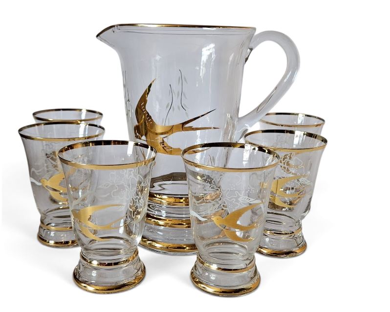 Mid Century Lemonade Glasses (6) and Jug Set - Golden Swallows