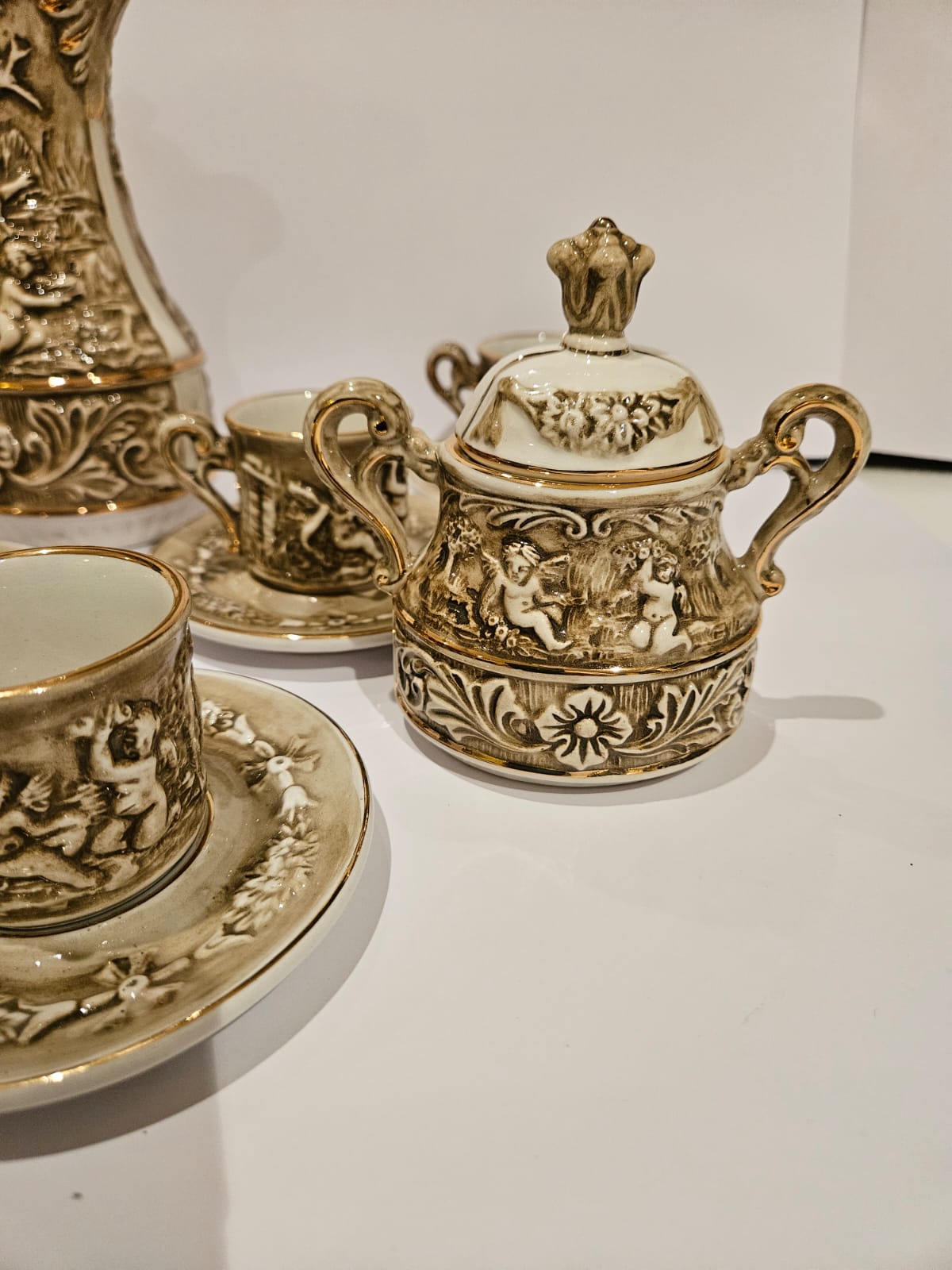 Vintage Cherub & Angels Capodimonte coffee set for 6 people c. 1950