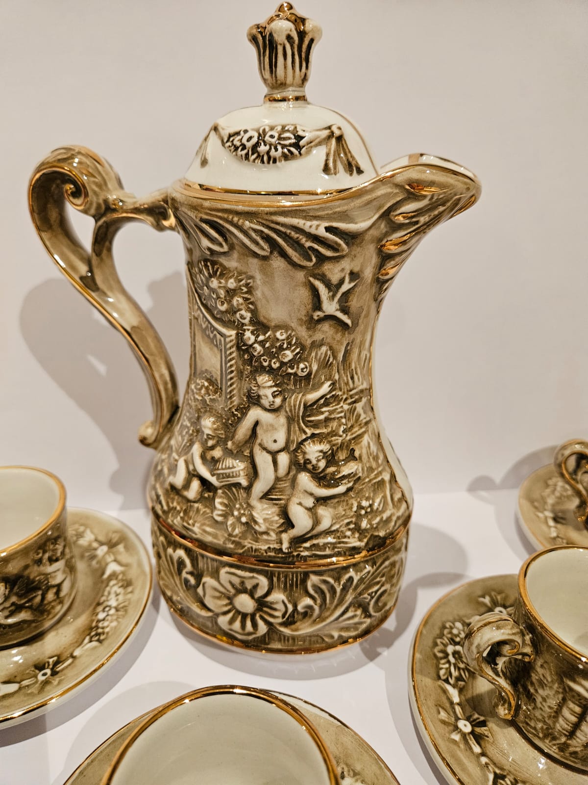 Vintage Cherub & Angels Capodimonte coffee set for 6 people c. 1950