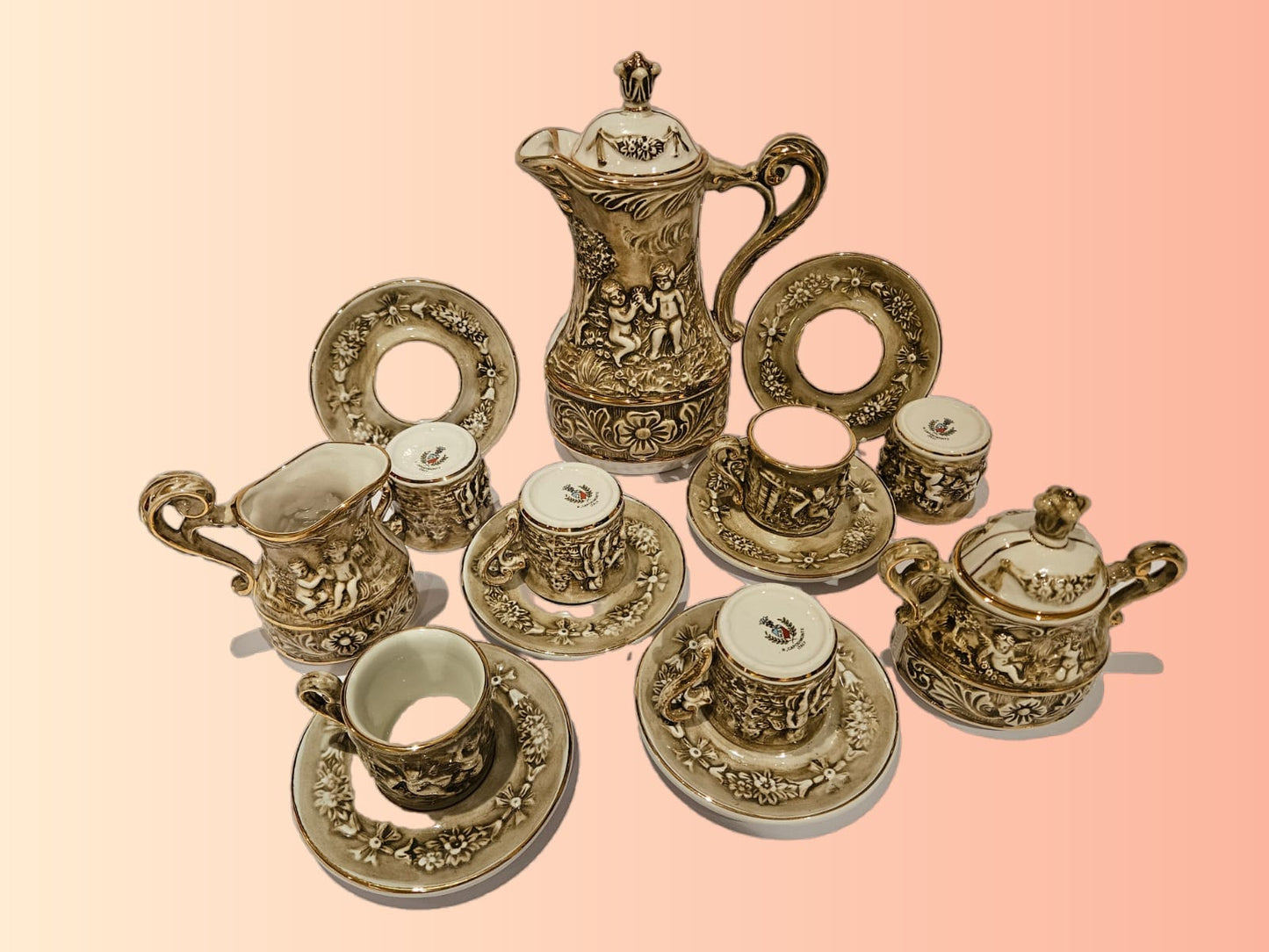 Vintage Cherub & Angels Capodimonte coffee set for 6 people c. 1950