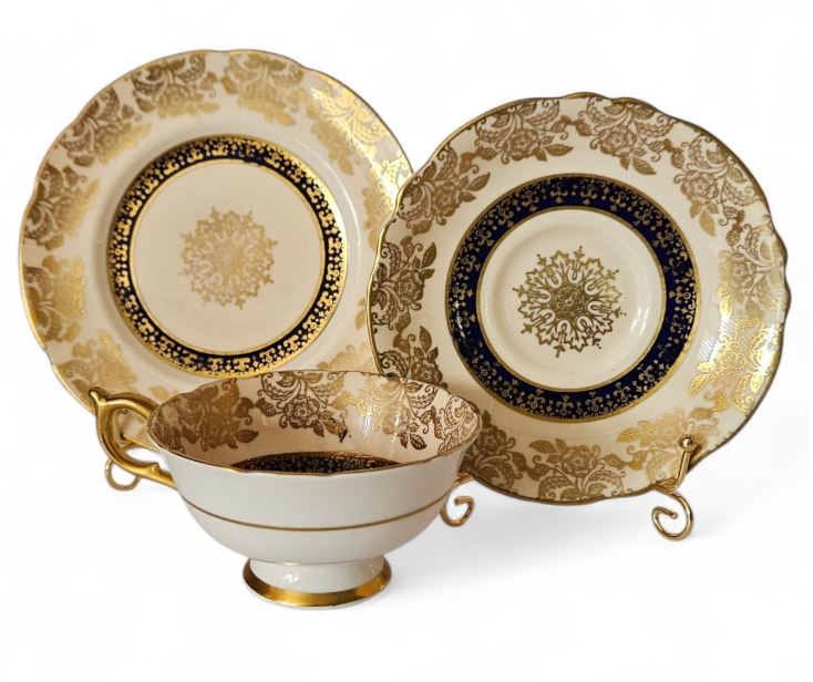 Paragon Double Warrant Bone China Trio - Cobalt Blue and Gold scrolls & Flowers
