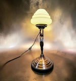 Art Deco 'Diane' copper lamp wide base w/Original glass Green stepped shade 1930s