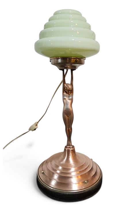 Art Deco 'Diane' copper lamp wide base w/Original glass Green stepped shade 1930s