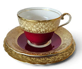 Aynsley Bone China Tea Trio Crimson & Gold Floral Pattern England c1952–1963