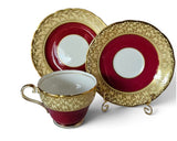 Aynsley Bone China Tea Trio Crimson & Gold Floral Pattern England c1952–1963