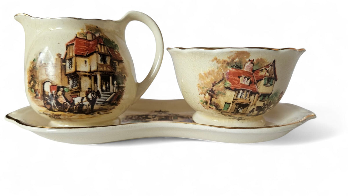 Crown Devon "Coaching Days" Swan Inn Hereford Manor House Oxford gravy set 1930s