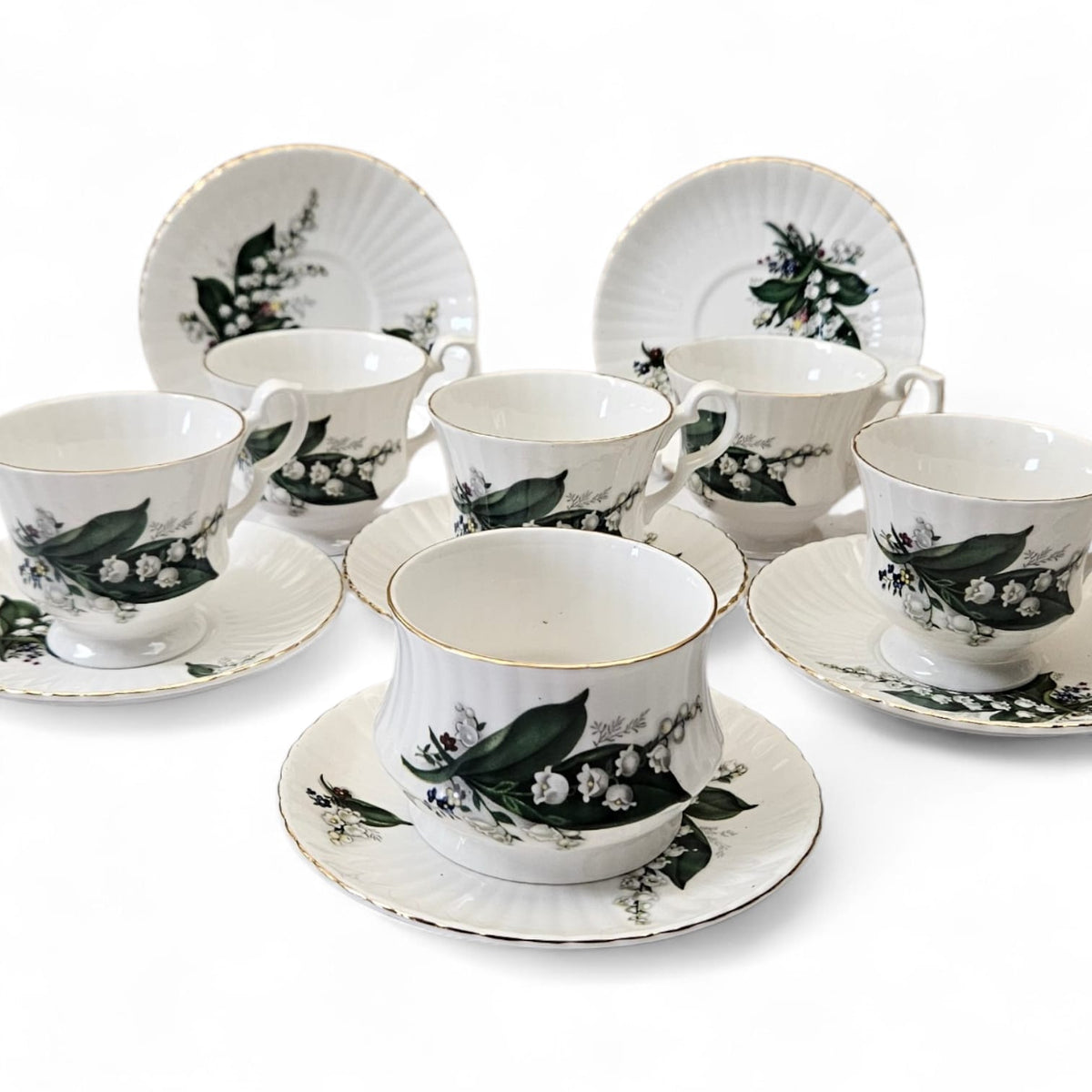 5 x Vintage Crown Fenton Lily of the Valley Duos, and sugar bowl