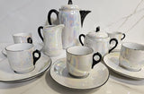 Antique Czech 13 pcs Coffee Set Pearl White Iridescent Lustre with Black Trims