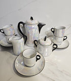 Antique Czech 13 pcs Coffee Set Pearl White Iridescent Lustre with Black Trims