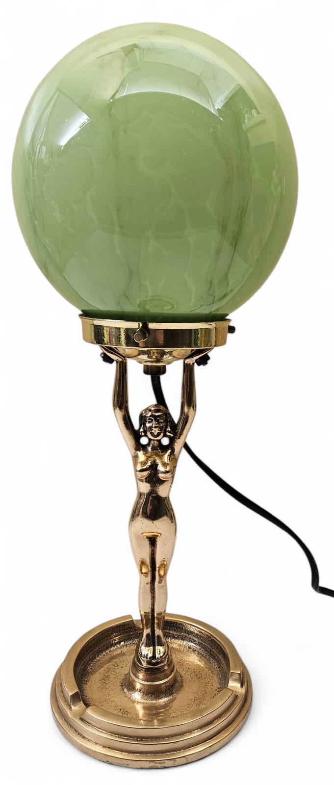 Art Deco DIANE Gold tone metal Table Lamp with ashtray feature and marbled round shade