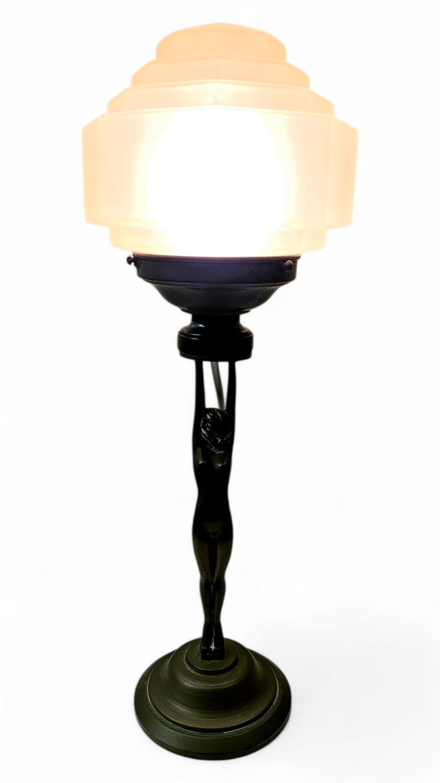 Art Deco 'Diane' bronze and brass lamp with stepped pink shade circa 1930s