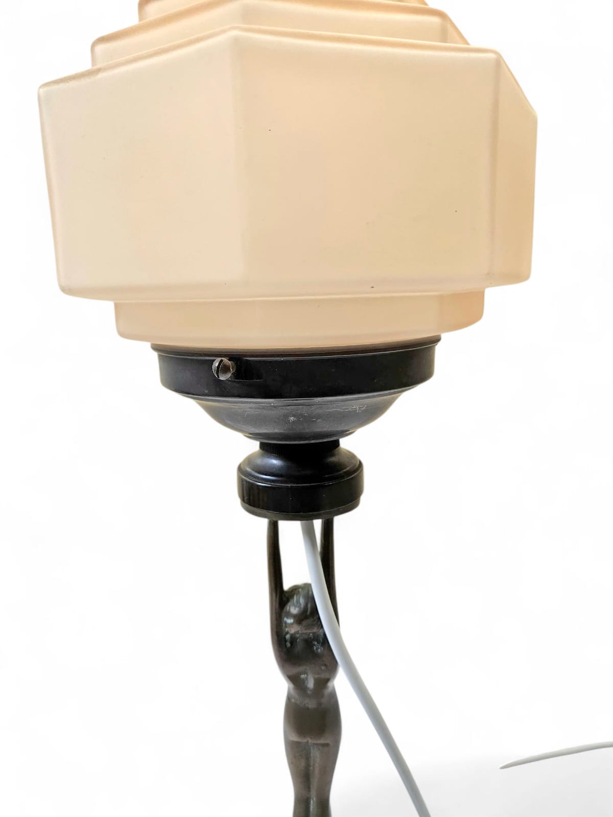Art Deco 'Diane' bronze and brass lamp with stepped pink shade circa 1930s