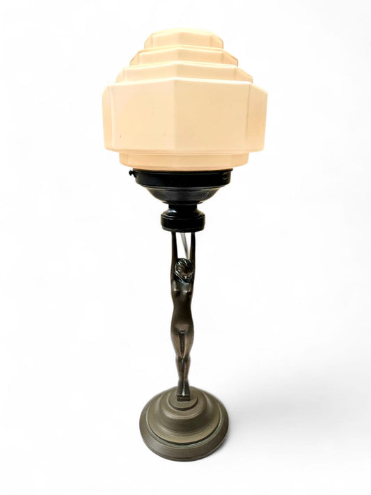 Art Deco 'Diane' bronze and brass lamp with stepped pink shade circa 1930s
