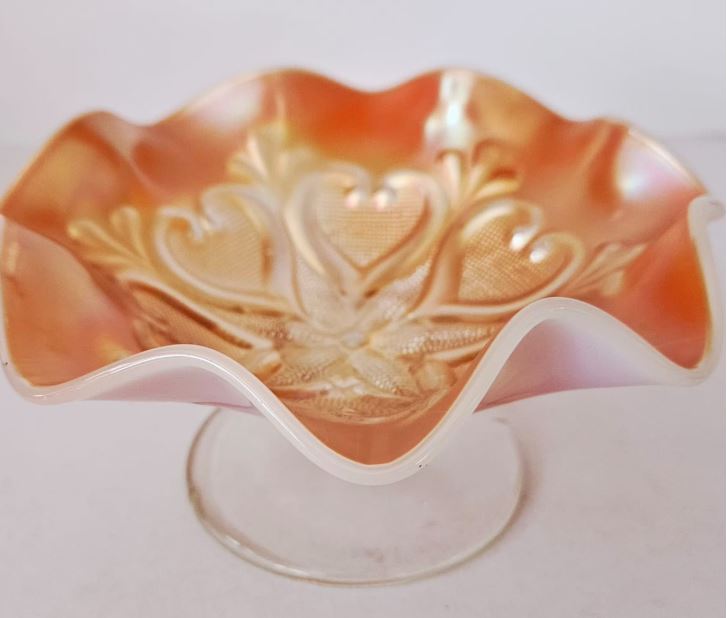Dugan Iridescent Marigold Peach Carnival Glass Scalloped edge footed Comport