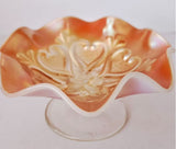 Dugan Iridescent Marigold Peach Carnival Glass Scalloped edge footed Comport