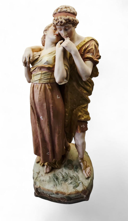 Large Antique ROYAL DUX Porcelain Statue Figural Group "Wedded Grecian Lovers"