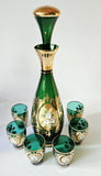 Vintage Venitian Emerald Green Gold Gilt Enamel Floral Decanter & Glass Set