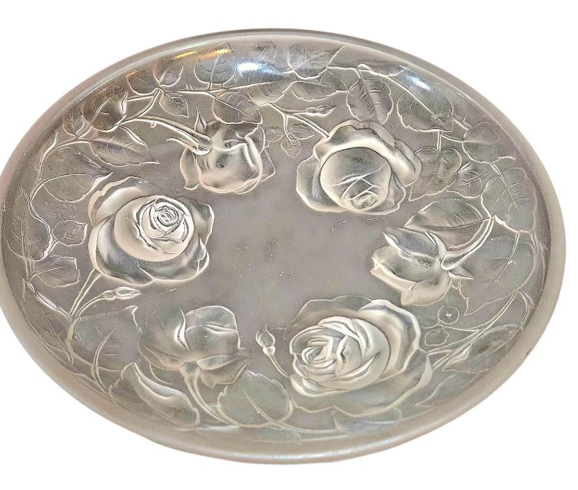 Etling France opalescent glass fruit bowl with rose design 30cm c.1930