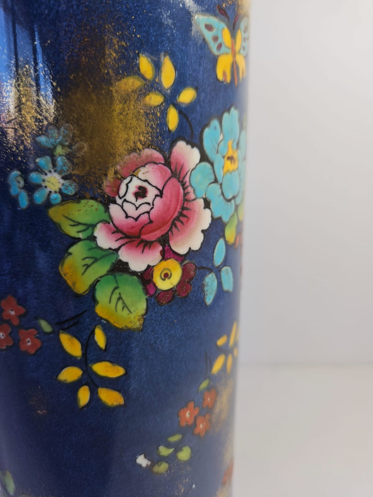 J H W & Sons Falcon Ware Cylinder Shaped Vase 1930s Cobalt Blue Floral and Butterfly 4053